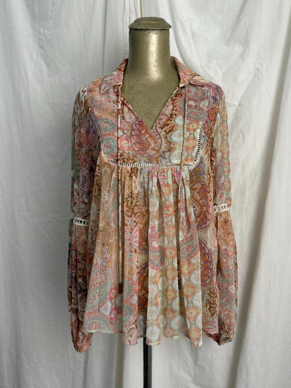 Guess Boho Peasant Blouse XS Sheer Y2K Whimsical Pink Tan Paisley Hippie Retro